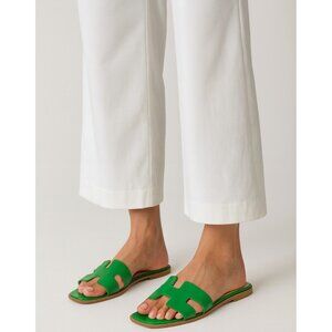 Steven New York Green Leather H Strap Slides Sandals Square Toe Women’s Size 8.5